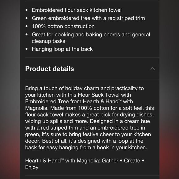 Hearth & Hand Embroidered Tree Design with Red stitched edging Kitchen Towel - Picture 7 of 8